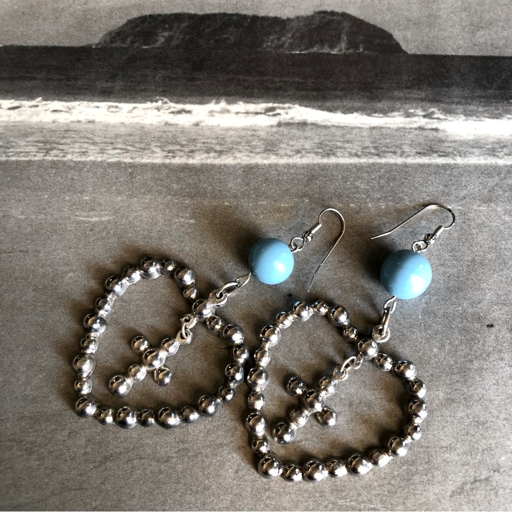 Heavy Metal Western Style Heart Earrings With Blue Beads Vintage